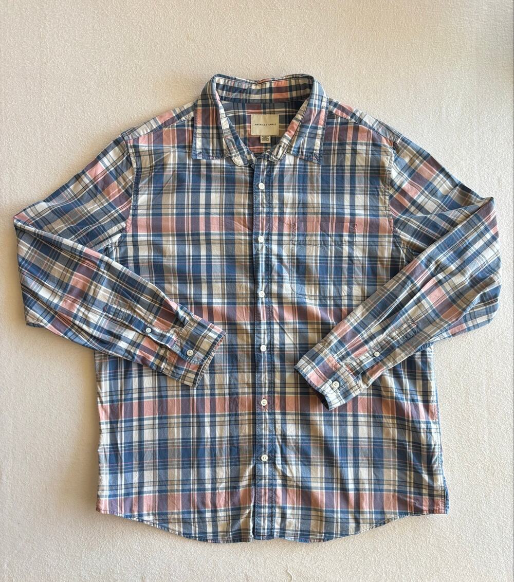 American Eagle Button Down Long Sleeve Top Men’s XL Blue Plaid Y2K Preppy Cotton